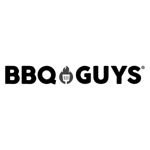 BBQ Guys logo with the word "GUYS," where the "U" is represented by a flame containing a grill spatula, in black text on a white background.