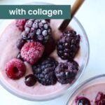 Overhead view of two glasses of berry smoothie with collagen, topped with frozen mixed berries, featuring text "Berry Smoothie with Collagen" and "cook at home mom.