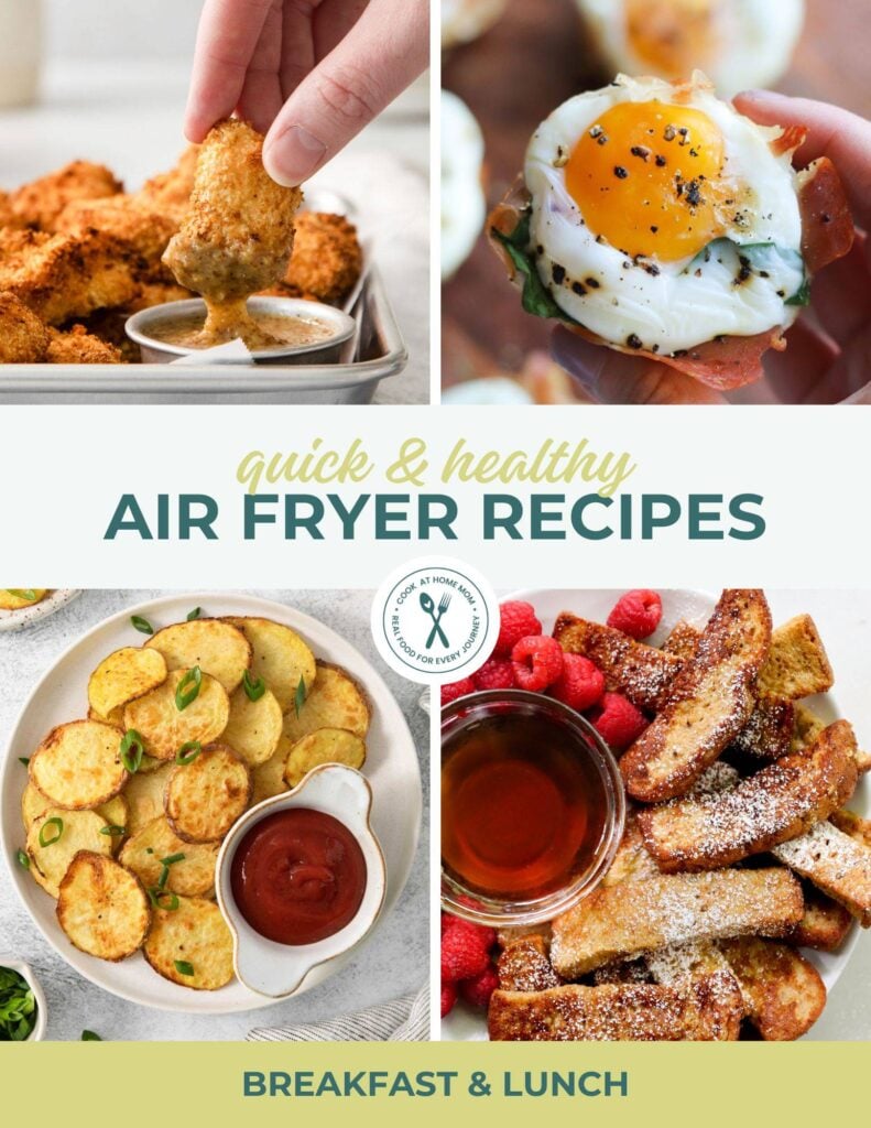 A collage of air-fried foods including breaded chicken, a soft-boiled egg, potato slices with ketchup, and French toast with raspberries, labeled "Quick & Healthy Air Fryer Recipes: Breakfast & Lunch.