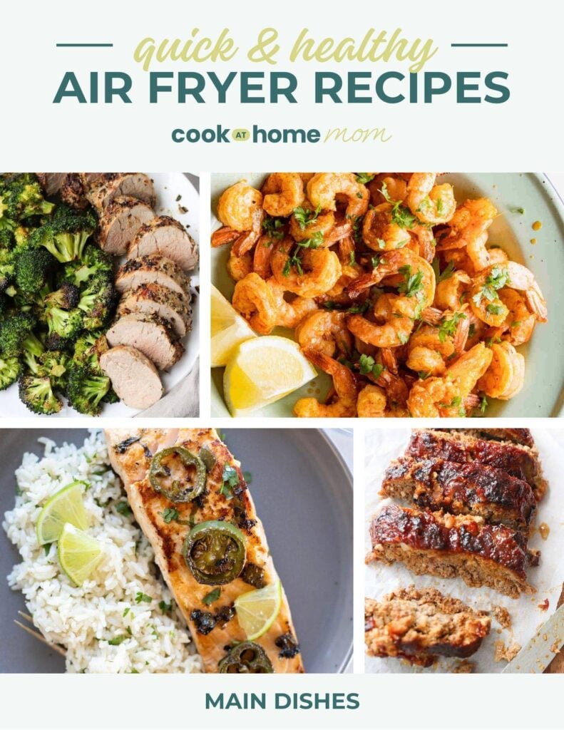 Four air fryer dishes: sliced pork with broccoli, shrimp with herbs, salmon with rice and lime, and sliced meatloaf, displayed in a recipe guide layout.