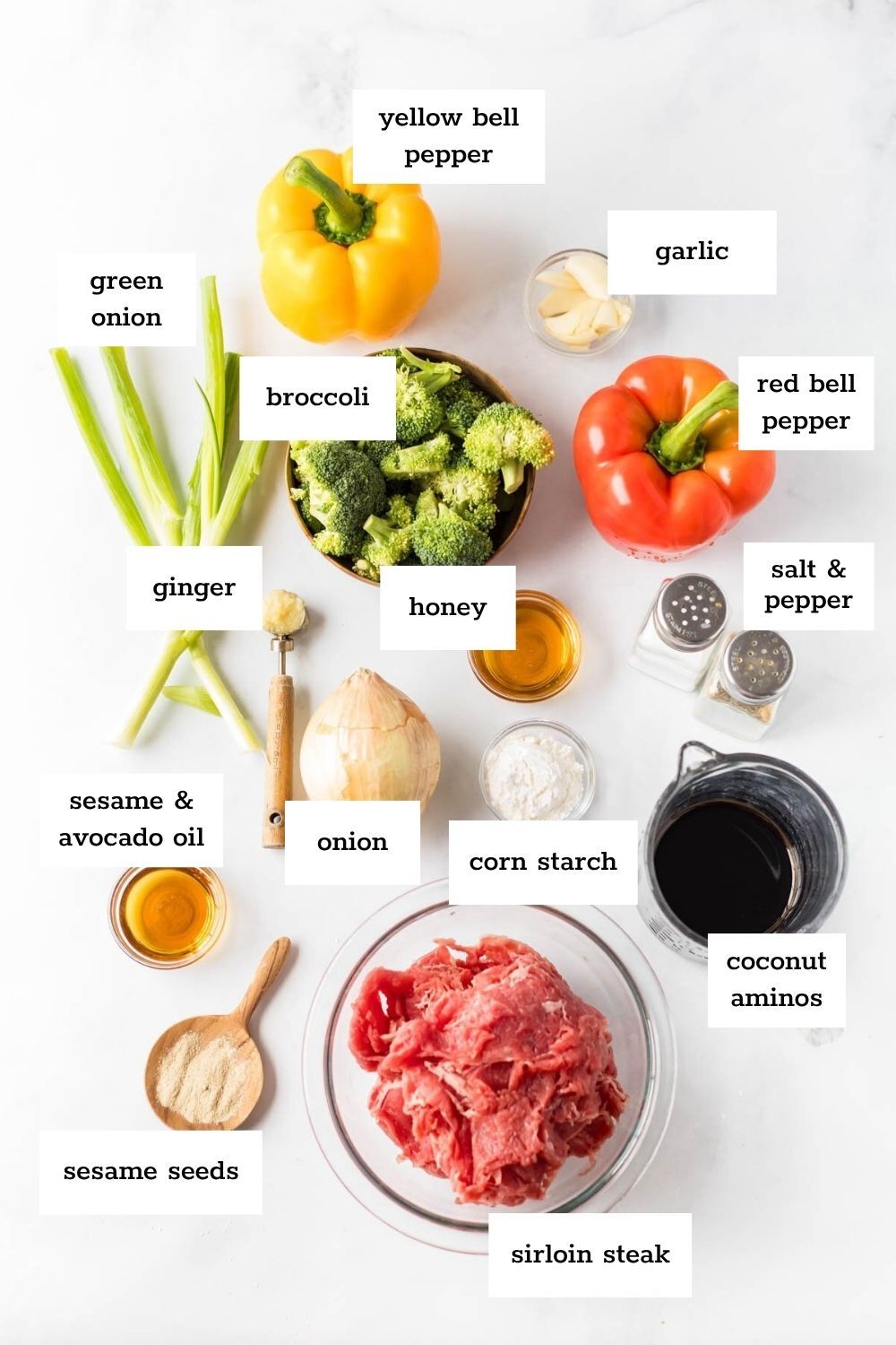 Labeled ingredients for a beef stir fry, including sirloin steak, peppers, broccoli, green onion, ginger, onion, garlic, honey, cornstarch, sesame and avocado oil, coconut aminos, and seasonings.