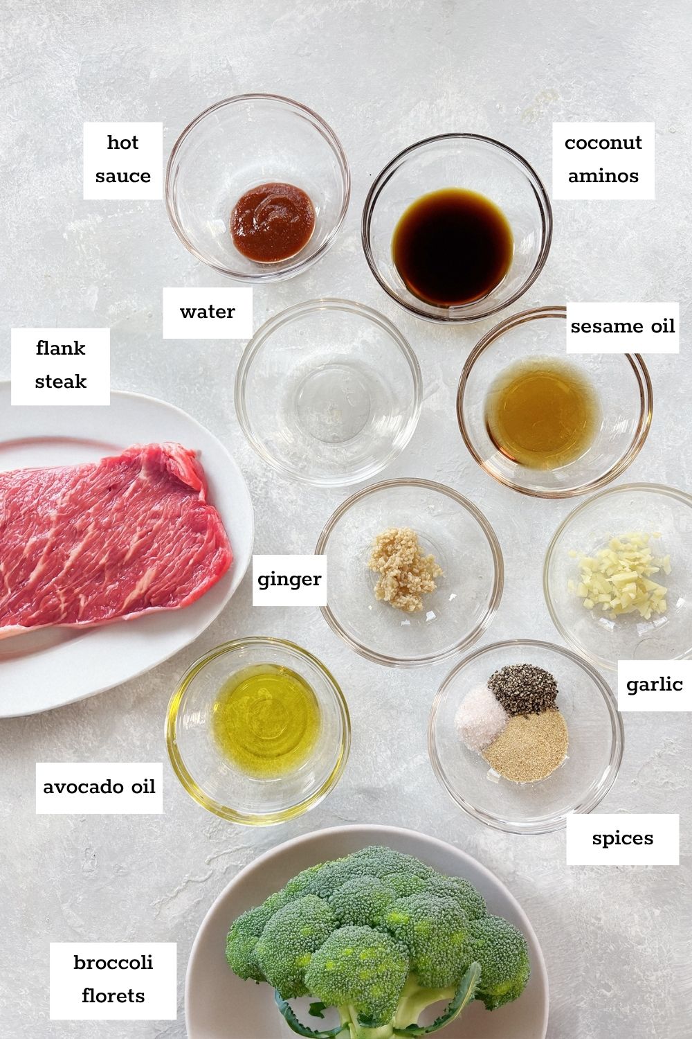 Overhead view of labeled ingredients for a recipe, including flank steak, broccoli florets, oils, sauces, ginger, garlic, and various spices in small glass bowls.