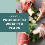 A plate with prosciutto-wrapped pear slices, arugula, onions, and pomegranate seeds, shown next to a text box labeled "Easy Prosciutto Wrapped Pears.