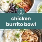 A bowl with shredded chicken, white rice, black beans, pico de gallo, and lime wedges, with a fork on the side. Text overlay reads "chicken burrito bowl.