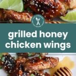 Close-up of grilled honey chicken wings garnished with sesame seeds and green onions, served with lime wedges and a honey dipper. Text reads: "grilled honey chicken wings.