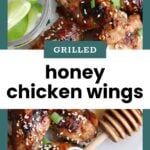 Grilled honey chicken wings garnished with sesame seeds and green onions, served with lime wedges and a honey dipper.