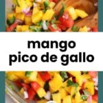 A bowl of mango pico de gallo with diced mango, tomato, red onion, cilantro, and a wooden spoon.
