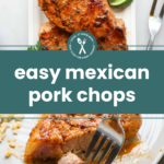Grilled Mexican pork chops on a white plate with lime wedges; a fork holds a sliced piece of pork chop on a separate plate below.