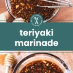 Glass bowls containing teriyaki marinade with visible chopped garlic; one bowl is being whisked, the other has a honey dipper nearby.