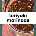 A bowl of teriyaki marinade with visible chopped garlic and a honey dipper on a wooden surface.