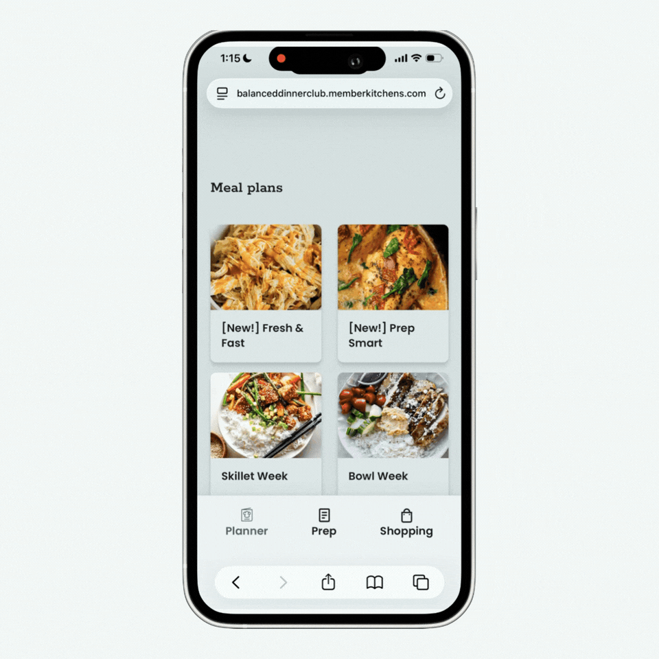 A smartphone displays a meal planning app with four meal plan options: Fresh & Fast, Prep Smart, Skillet Week, and Bowl Week. Navigation icons are at the bottom.