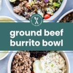Two bowls filled with ground beef, lettuce, rice, cherry tomatoes, corn, shredded cheese, and a creamy sauce, arranged as burrito bowls.
