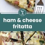 A sliced ham and cheese frittata is shown on a plate and on parchment paper, with visible pieces of ham, mushrooms, cheese, and spinach.