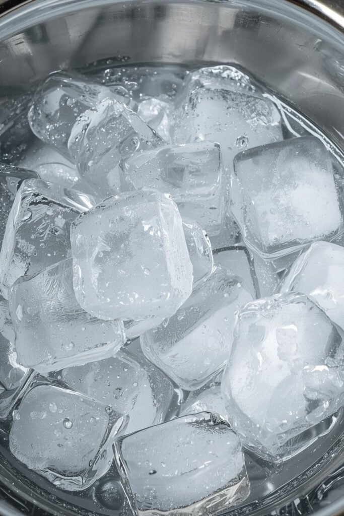 A close-up view of ice water bath in a stainless steel bowl,