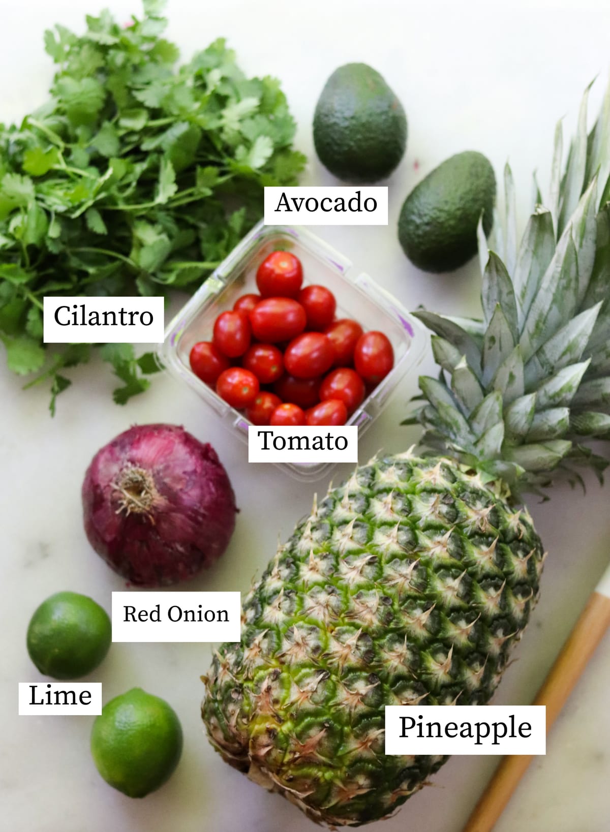 Assorted fresh produce including cilantro, avocados, grape tomatoes, a red onion, limes, and a whole pineapple arranged on a white surface with labels.