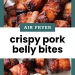 Close-up of crispy, browned pork belly bites on a plate, with text overlay reading "Air Fryer crispy pork belly bites.