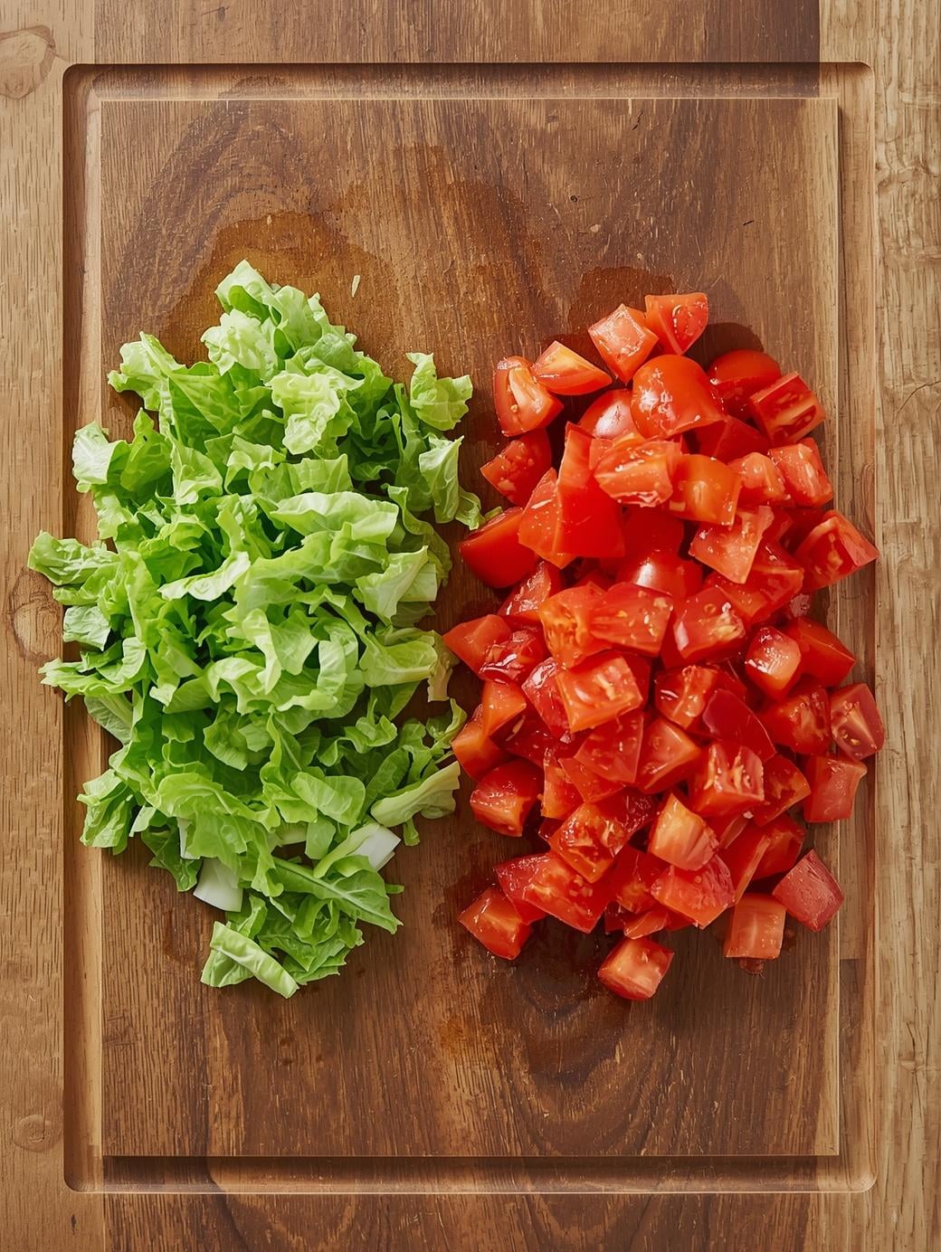 Chopped lettuce and diced tomatoes arranged side by side on a wooden cutting board.