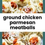 Spaghetti topped with ground chicken parmesan meatballs, tomato sauce, and grated parmesan cheese, garnished with a basil leaf.