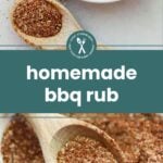 A wooden spoon filled with homemade BBQ rub, with more seasoning scattered on a white plate in the background. Text on image reads "homemade bbq rub.