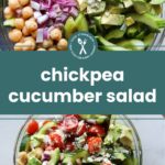 Two bowls of chickpea cucumber salad with tomatoes, avocado, red onion, and feta cheese, displayed above the text "chickpea cucumber salad.