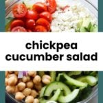 A bowl of chickpea cucumber salad with cherry tomatoes, feta cheese, avocado, red onion, and cucumber slices.