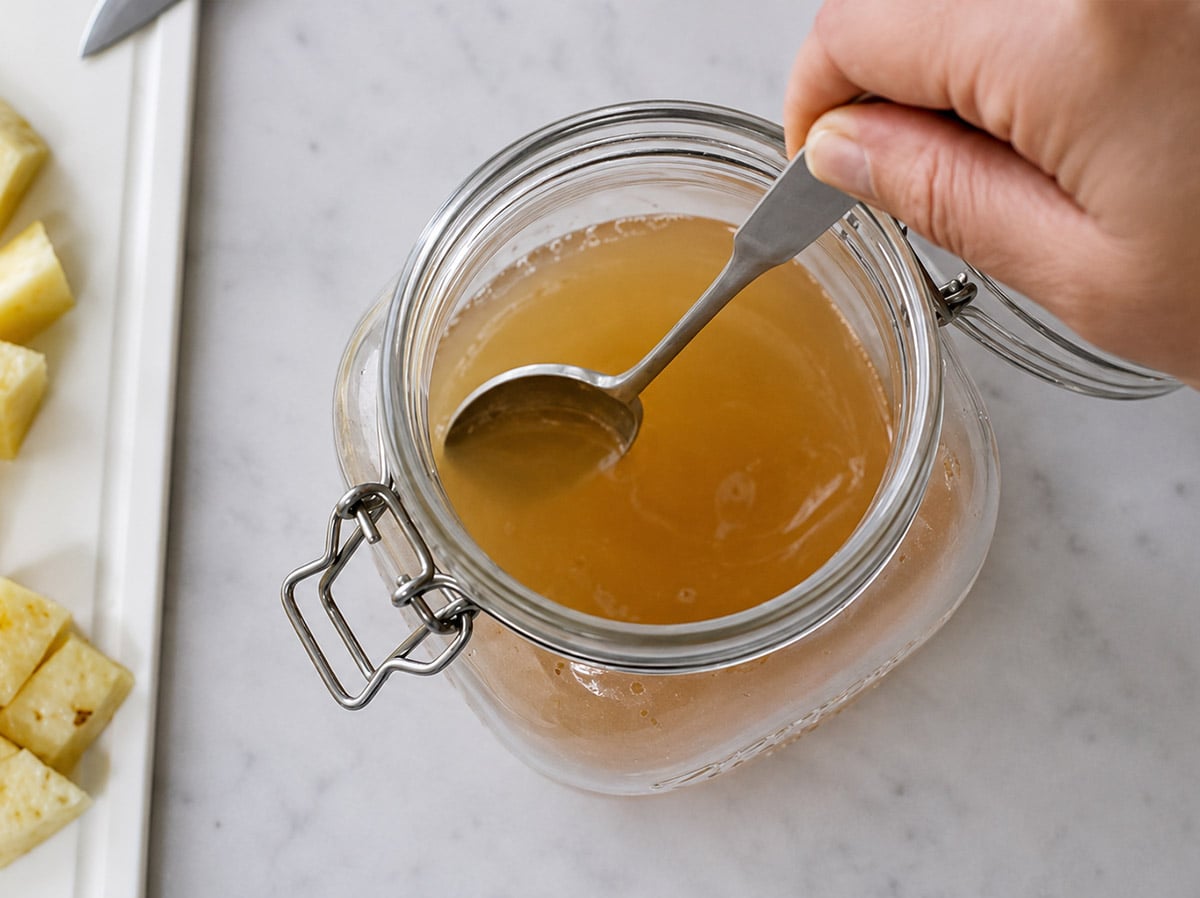 A hand stirs a light brown liquid with a spoon in a glass jar on a white countertop; chopped fruit is visible to the side.