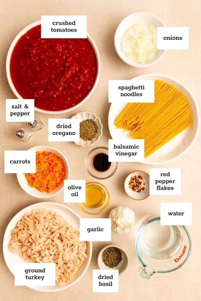 Ingredients for spaghetti with ground turkey are arranged on a counter, each labeled: crushed tomatoes, onions, spaghetti noodles, carrots, ground turkey, garlic, olive oil, seasonings, and water.