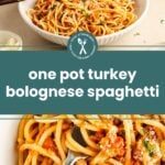 A bowl of spaghetti with turkey bolognese sauce, garnished with parsley and cheese, with a fork placed on the pasta.