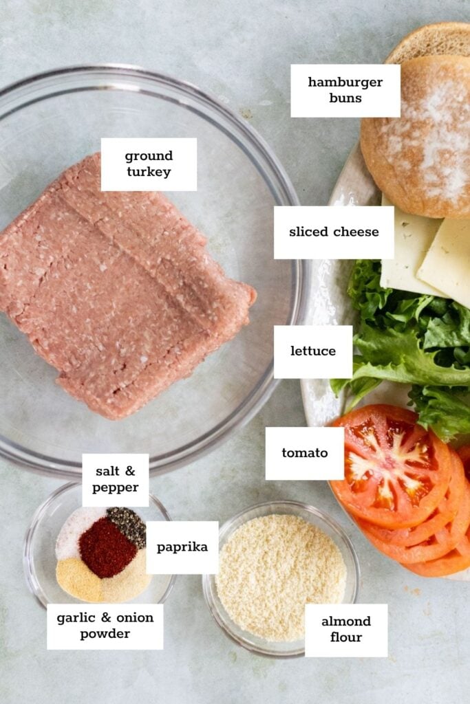 Ingredients for turkey burgers are displayed: ground turkey, hamburger buns, sliced cheese, lettuce, tomato, almond flour, paprika, garlic and onion powder, salt, and pepper.