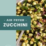 A plate of air-fried zucchini cubes mixed with chopped red onion, shown with a fork on the side.