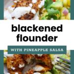 A plate of blackened flounder topped with white sauce, served with pineapple salsa, rice, and avocado slices.
