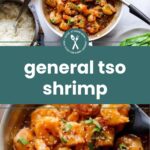 A skillet of General Tso shrimp garnished with green onions, served with a bowl of white rice and fresh green onions on the side.