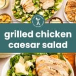 Plates of grilled chicken Caesar salad with lettuce, croutons, shaved Parmesan, and dressing, arranged on a table.