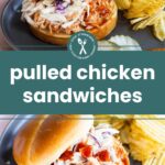 Pulled chicken sandwich with coleslaw on a bun served with potato chips on a gray plate.