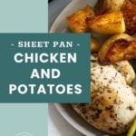 A hand holding a plate with herb-seasoned chicken breast and roasted potato pieces, next to a text label reading "Sheet Pan Chicken and Potatoes.