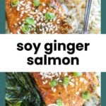 A plate with soy ginger glazed salmon topped with sesame seeds and green onions, served with rice and sautéed greens.