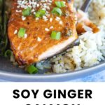 Close-up of glazed salmon topped with sesame seeds and green onions, served with white rice; text reads "SOY GINGER SALMON cook at home mom.