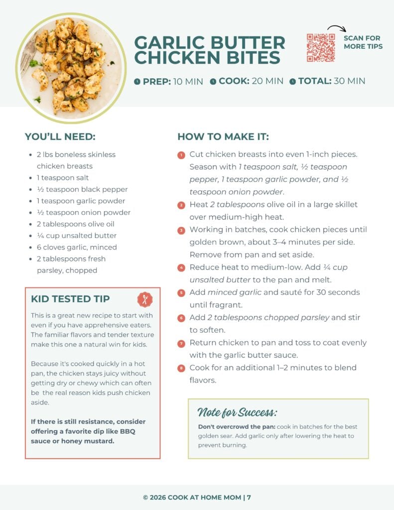 Recipe page for garlic butter chicken bites, listing ingredients, step-by-step cooking instructions, tips, and a QR code for more information. Features a photo of golden chicken bites in a skillet.
