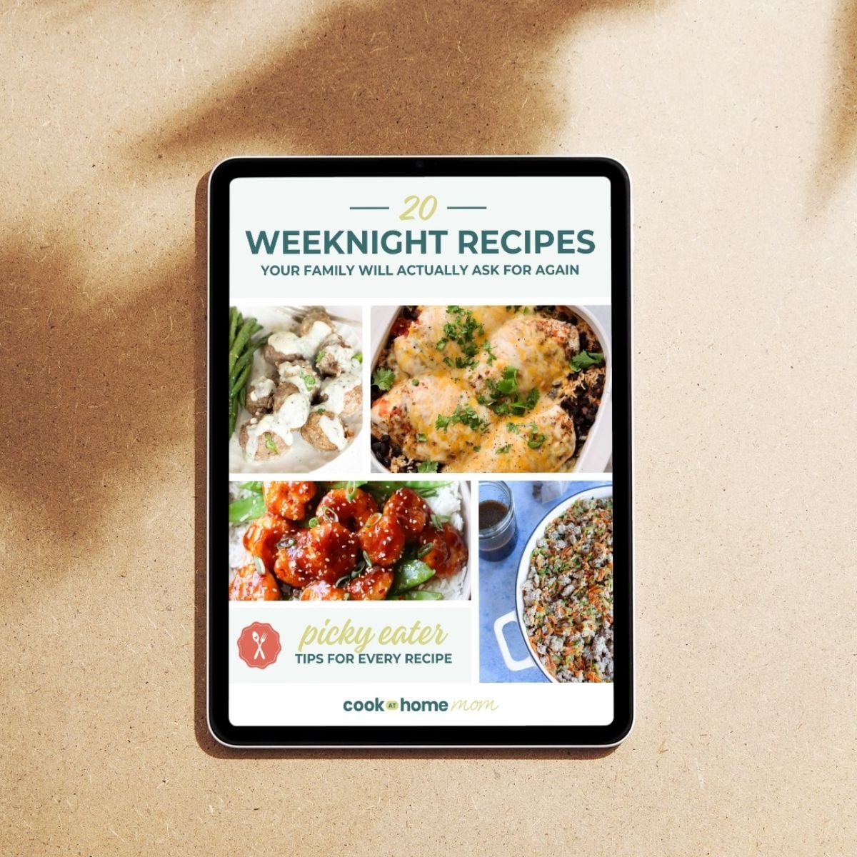 20 Weeknight Recipes ebook mockup with a Kid Tested Tip on every page