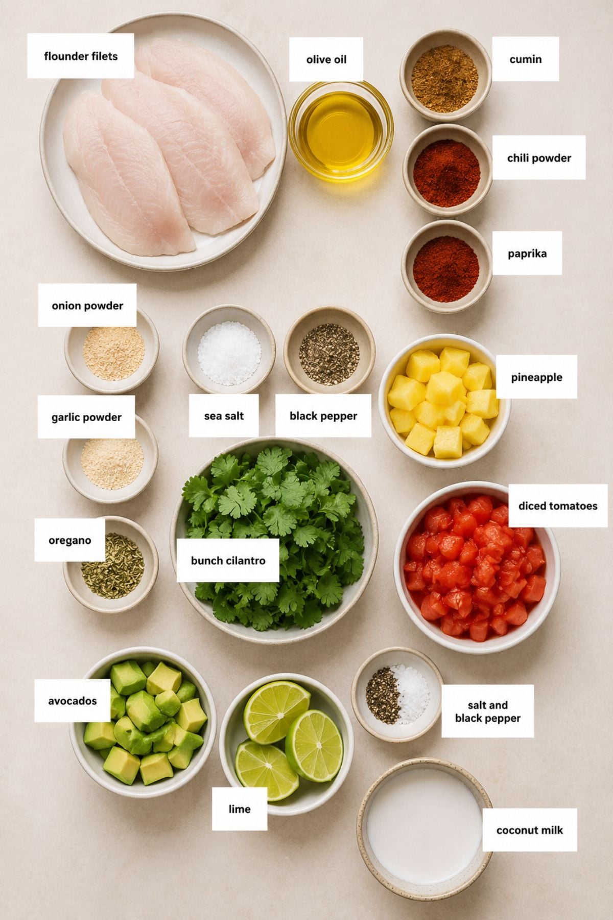 Raw flounder fillets, olive oil, seasonings, cilantro, diced tomatoes, pineapple, avocado, lime, and coconut milk are neatly arranged in separate bowls on a light surface.