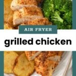 A plate of air fryer grilled chicken breast, sliced and served with roasted potato slices and steamed broccoli.