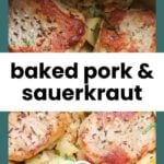 Golden-brown pork chops baked with sauerkraut and cubed potatoes, garnished with parsley in a casserole dish.