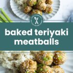 Plate with rice and baked teriyaki meatballs garnished with sesame seeds and green onions, with a fork and extra green onions on the side.