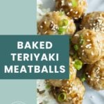 Baked teriyaki meatballs garnished with sesame seeds and green onions, served over rice on a white plate.