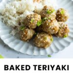 A plate with white rice and six teriyaki-glazed meatballs topped with sesame seeds and chopped green onions, with chopsticks resting on the rice.