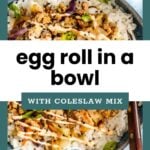 A bowl of white rice topped with ground meat, shredded coleslaw mix, sesame seeds, and green onions, with wooden chopsticks on the side.