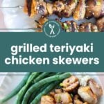 Grilled teriyaki chicken skewers served on a plate and over rice with green beans, garnished with sesame seeds and green onions.