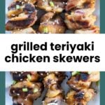 Grilled teriyaki chicken skewers on a white plate, garnished with chopped green onions and sesame seeds.