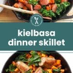 Sliced kielbasa, sweet potatoes, and kale cooked in a black skillet, shown in close-up from above.