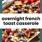 A baked casserole topped with blueberries, raspberries, and sliced almonds sits on a table next to a cup of coffee.